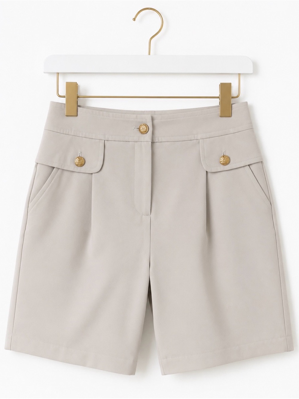 St. John Taupe Tailored High-Rise Shorts with Gold Buttons